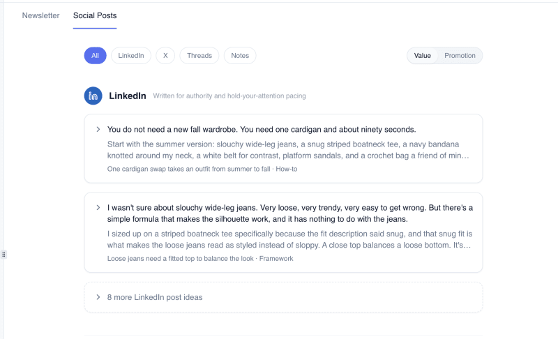 Flyletter Social Posts tab showing generated posts with platform filters and alternative opening options