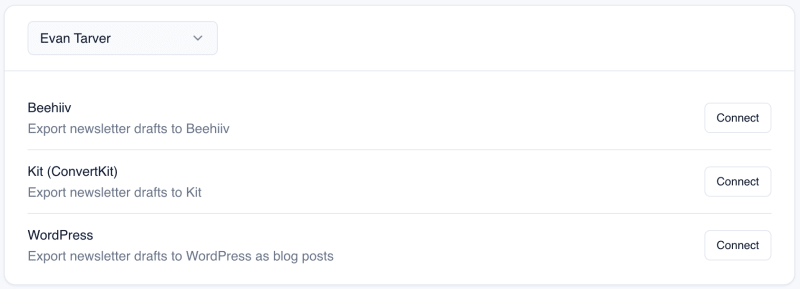 Flyletter publishing integration settings with beehiiv, Kit, and WordPress connection options
