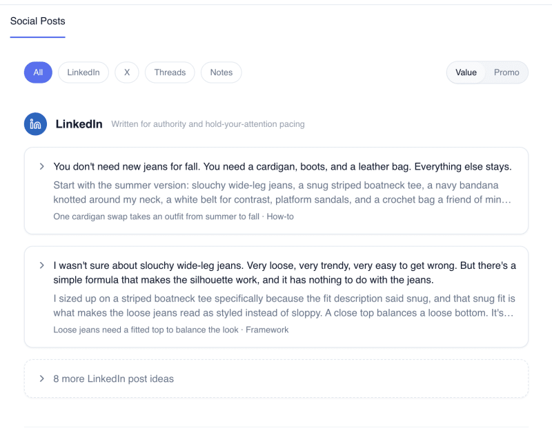 Flyletter Publicist value posts for one platform, showing the top two written posts with hook options and the remaining unwritten ideas listed below
