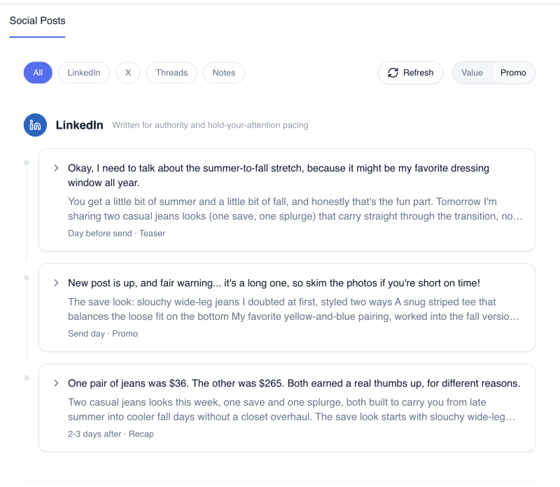 Flyletter Publicist promotion campaign group showing the teaser, promo, and recap posts connected by a timeline