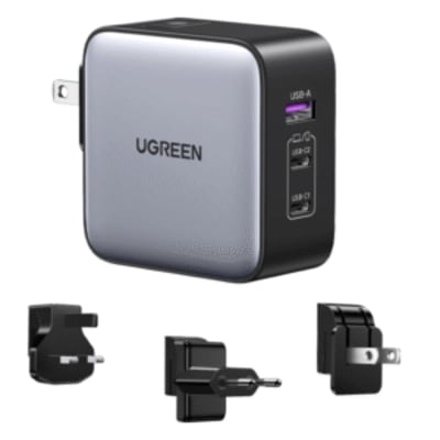 UGREEN 65W 3-Port GaN Fast Charger with Interchangeable UK/US/EU Plugs - CD296