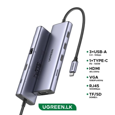 UGREEN 9-in-1 USB-C Multifunction Adapter - CM498 USB-C to USB 3.0 (3 Ports) + 4K HDMI + VGA + RJ45 Gigabit Ethernet + SD & TF Card Reader + USB-C PD