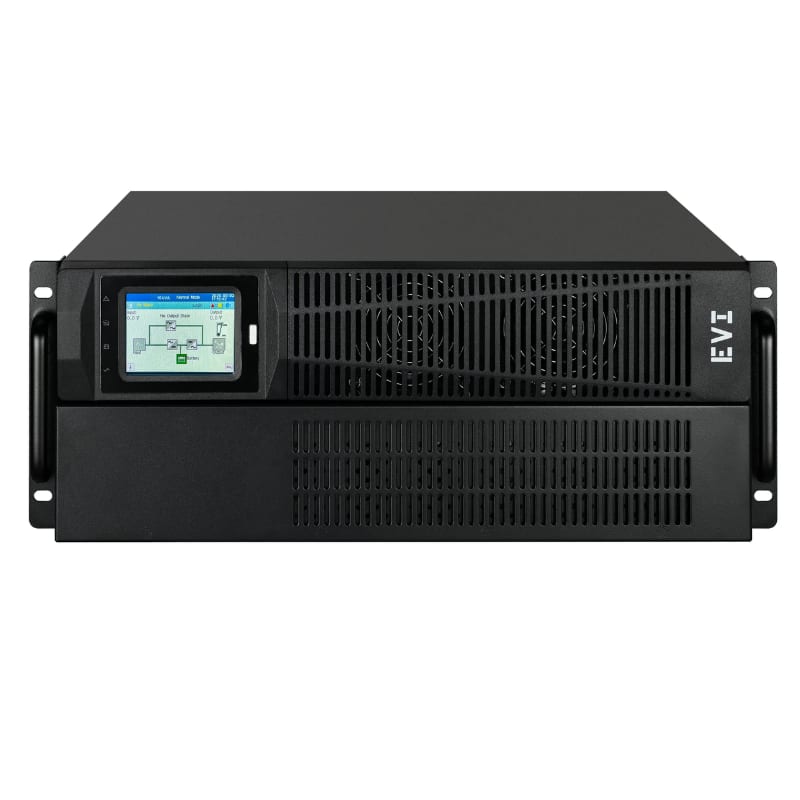 EVI 10000VA / 10000W Rack Mount Online Single Phase UPS - Online double conversion, Wide input voltage range (110 - 300 Vac), Input Connection :Terminal (L+N+G). Input power factor: 0.99 (With PFC), Output power factor: 1.0, Transfer time : AC mode Bat. Mode 0 ms typical, Inverter bypass 0 ms typical. Batteries: Lead Acid 16x7Ah ( 192V), With External Battery Connector, Charge Current : 15A Max, Emergency power off function (EPO), ECO mode support, Generator compatible, Communication ports: USB, RS232, RS485 port, Parallel port,Emergency Power Off (EPO), Maintenance bypass dry contact (MAINT.) Intelligent card slot,Programmable dry contact port. Optional: COM port, Battery Temperature Contact port (BATT), Programmable dry contact port (Optional (4 Input+4 Output), Smart battery charging design for optimized battery performance, Selectable output voltage: 200, 208, 220, 230, 240 Vac, 3.5 Touch screen, Outlets : Two C19, Three C13. Size: 4U Rack Mount, stands for tower use included. 2Year Warranty (1 Year on battery) -EP-UPS10000P11OR