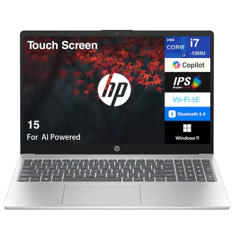 HP 15-fd0127dx, Intel Core i7 1355U, 16GB DDR4 3200, 512GB PCIe NVMe M.2 SSD, Windows 11 Home, 15.6" FHD IPS Touch Screen, No ODD, Realtek Wi-Fi 6 (2x2) and Bluetooth 5.3 wireless card (supporting gigabit data rate) Modern Standby (Connected), HP True Vision 720p HD camera with temporal noise reduction and integrated dual array digital microphones, Dual Speakers, Full-size, soft gray keyboard with numeric keypad, Natural Silver, 1 Year Warranty from Seller, Ports: One USB Type-C 5Gbps signaling rate (supports data transfer only), Two USB Type-A 5Gbps signaling rate, One AC smart pin, One HDMI 1.4b, One headphone/microphone combo - B4HN8UA