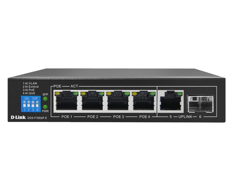 D-Link 6-Port Gigabit PoE Switch with 4 Long Reach PoE Ports and 2 Uplink Ports - DGS-F1006P