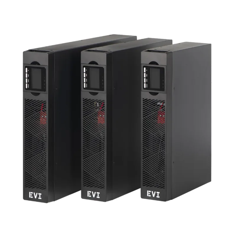 EVI 3000VA / 2700W Rack Mount Online Single Phase UPS - Online double conversion, Wide input voltage range (110 - 300 Vac), Input power factor: 0.99 (With PFC), Output power factor: 1.0, Optional charging current either 1A or 2A, (2A charging current for two groups of installed batteries), 50 Hz / 60 Hz frequency converter mode, Emergency power off function (EPO), ECO mode support, Generator compatible, Communication ports: USB, RS232, Optional: SNMP card, Smart battery charging design for optimized battery performance, Supports lithium batteries and BMS, Selectable output voltage: 200, 208, 220, 230, 240 Vac, Low priority load disconnection function, Rotating LCD Display, 8 IEC C13 Outlets, 2 Year Warranty (1 Year on battery) - EP-UPS3000UC13OR