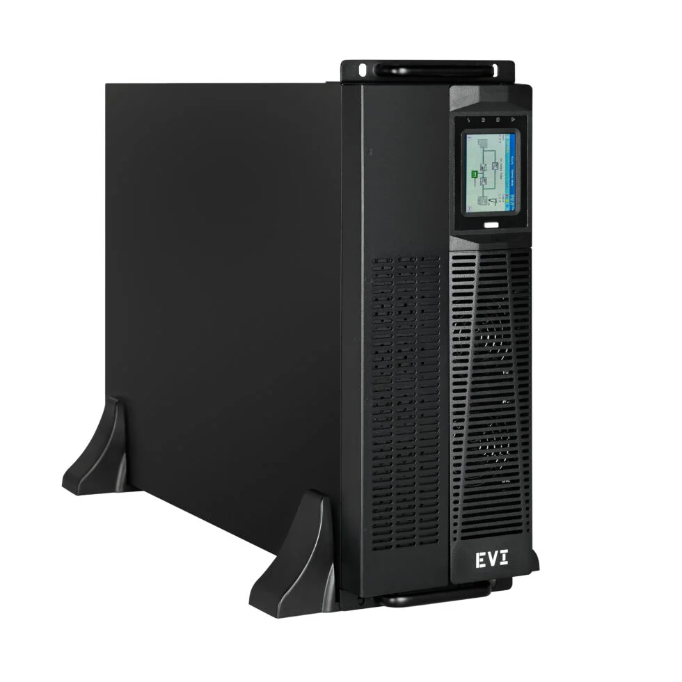 EVI 6000VA / 6000W Rack Mount Online Single Phase UPS - Online double conversion, Wide input voltage range (110 - 300 Vac), Input Connection :Terminal (L+N+G). Input power factor: 0.99 (With PFC), Output power factor: 1.0, Transfer time : AC mode Bat. Mode 0 ms typical, Inverter bypass 0 ms typical. Batteries: Lead Acid 16x7Ah ( 192V), With External Battery Connector, Charge Current : 12A Max, Emergency power off function (EPO), ECO mode support, Generator compatible, Communication ports: USB, RS232, RS485 port, Parallel port,Emergency Power Off (EPO), Maintenance bypass dry contact (MAINT.) Intelligent card slot,Programmable dry contact port. Optional: COM port, Battery Temperature Contact port (BATT), Programmable dry contact port (Optional (4 Input+4 Output), Smart battery charging design for optimized battery performance, Selectable output voltage: 200, 208, 220, 230, 240 Vac, 3.5 Touch screen, Outlets : Two C19, Three C13. Size: 4U Rack Mount, stands for tower use included. 2Year Warranty (1 Year on battery) - EP-UPS6000P11OR