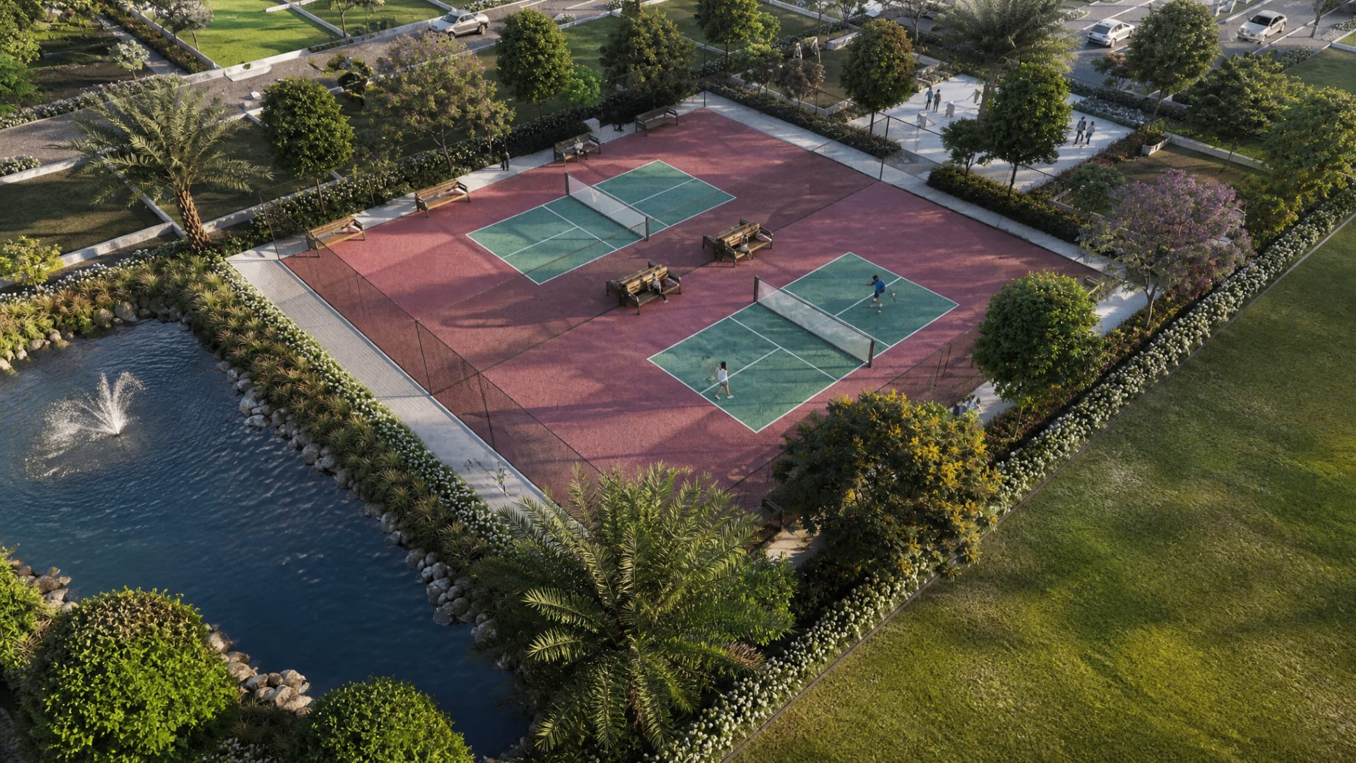 Krīḍā Kṣetra - Racquet courts by the lake at The Sarayu, Ayodhya