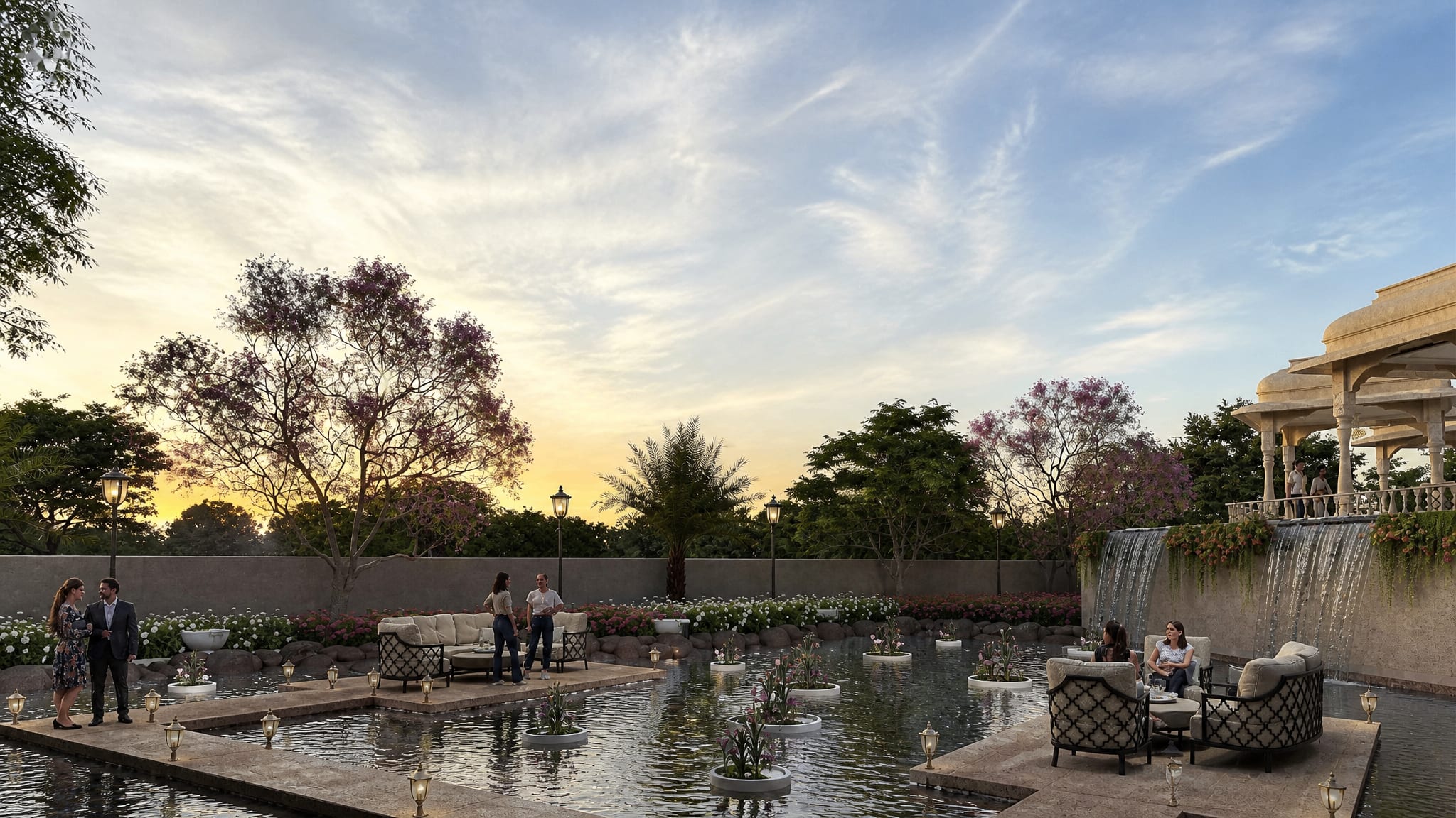 Water court with floating seating islands at dusk, The Sarayu, Ayodhya