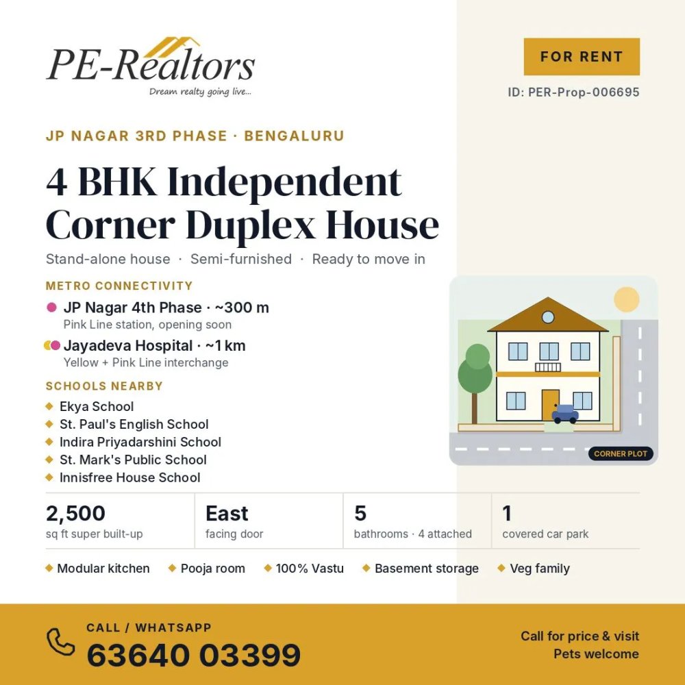 4 BHK independent house for rent in J P Nagar 