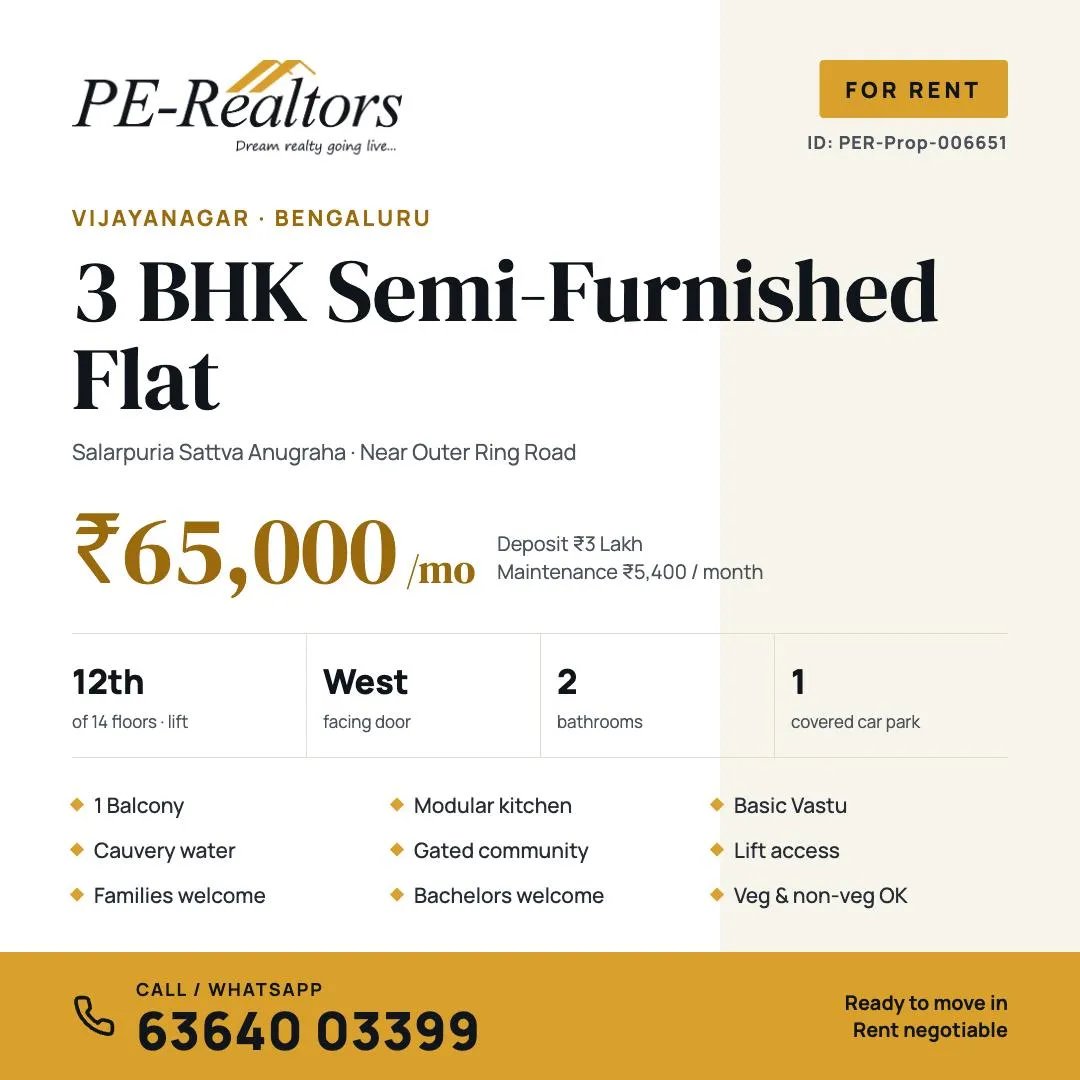 3 BHK Semi-Furnished Flat for Rent in Salarpuria Sattva Anugraha - Image 1