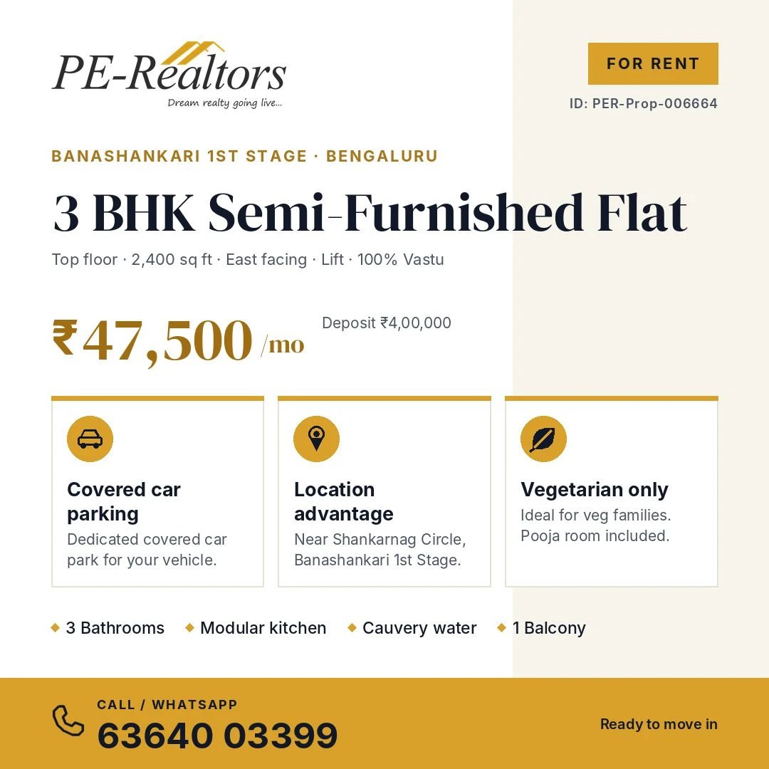 3 BHK Semi- Furnished Flat for Rent (Veg Only)  - Featured Image