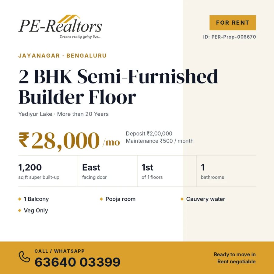East-Facing 2BHK Builder Floor for RENT in Jayanagar [ Close to Metro]