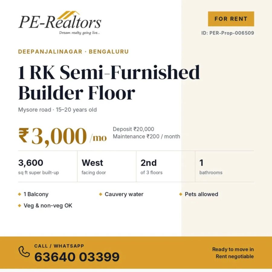 1 RK Semi-Furnished Room for Rent In Mysore Road