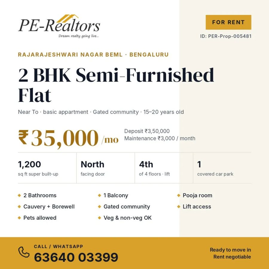 2 BHK  Semi-Furnished  Flat for Rent in Rajarajeshwari Nagar 
