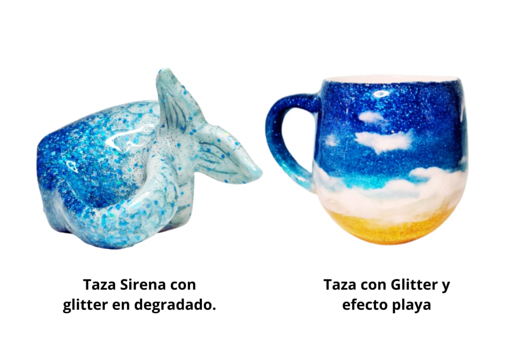 Taza sirena glitter y taza playa con glitter