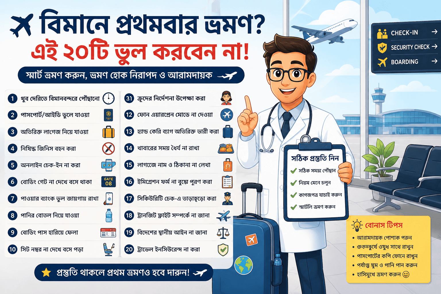✈️ বিমানে প্রথমবার ভ্রমণ? এই ২০টি ভুল করবেন না! (২০২৬ সম্পূর্ণ গাইড)