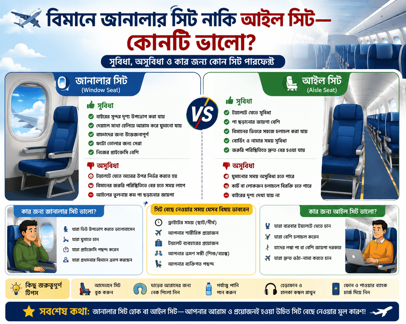 ✈️ বিমানে জানালার সিট নাকি আইল সিট—কোনটি ভালো? সম্পূর্ণ তুলনা (২০২৬)