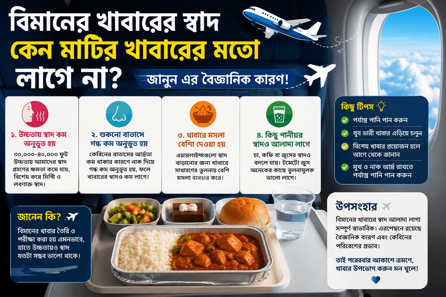 ✈️ বিমানের খাবারের স্বাদ কেন মাটির খাবারের মতো লাগে না? জানুন এর বৈজ্ঞানিক কারণ!
