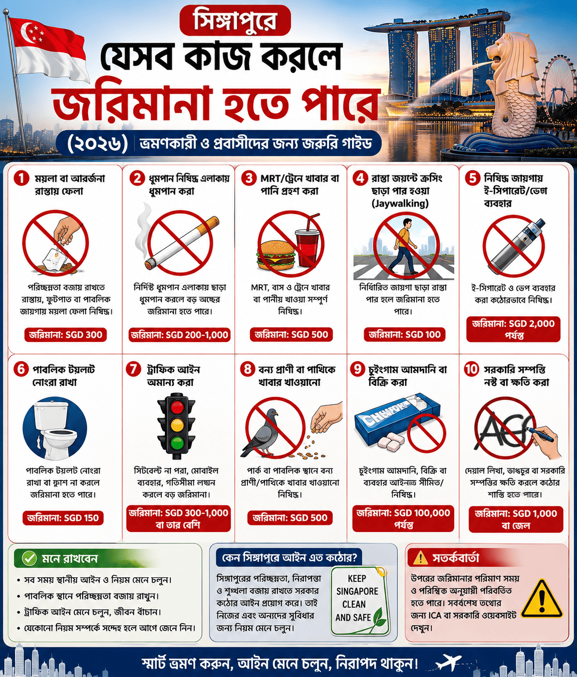 সিঙ্গাপুরে যেসব কাজ করলে জরিমানা হতে পারে (২০২৬) – ভ্রমণকারী ও প্রবাসীদের জন্য জরুরি গাইড