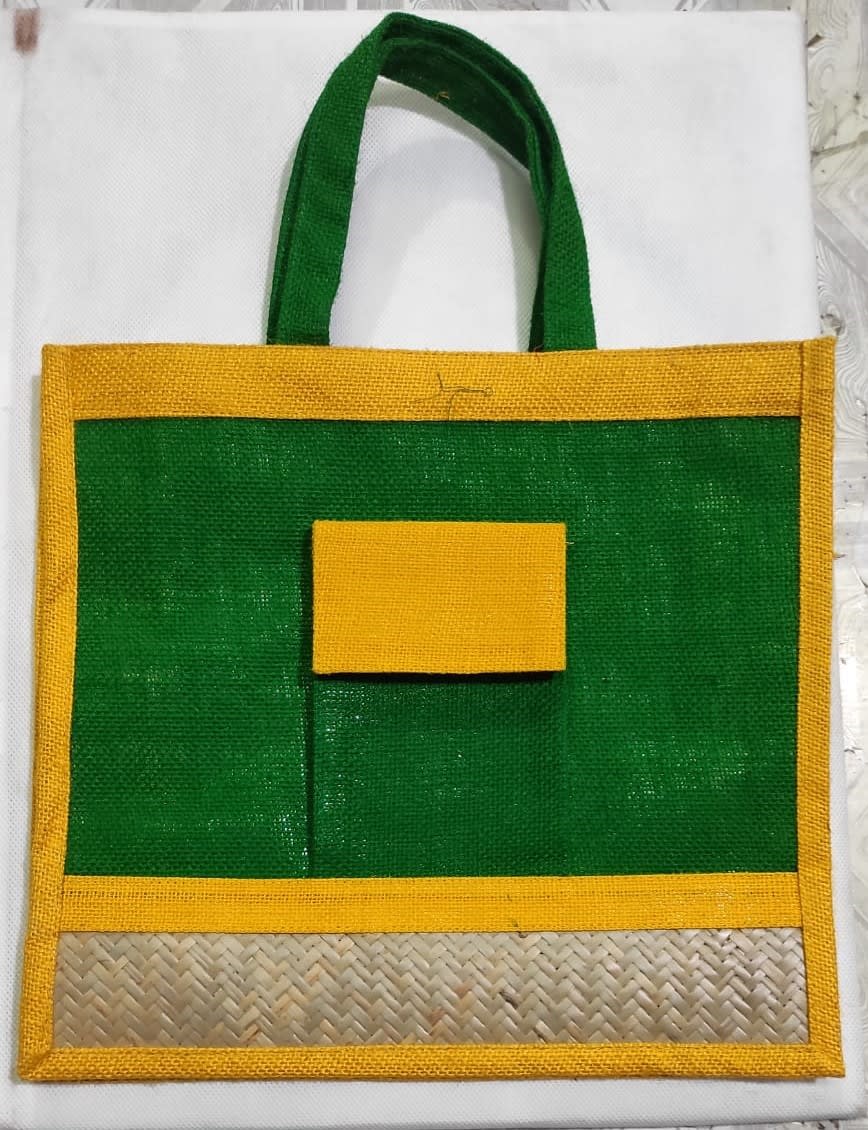 Designer Jute Gift Tote – Green & Mustard with Front Pocket