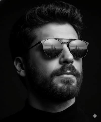 Reflective black-and-white portrait