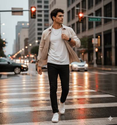 Stylish man walking city street