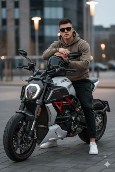 Man sits on motorcycle