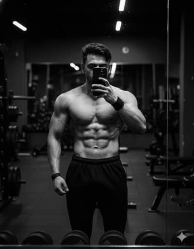 Muscular man takes selfie