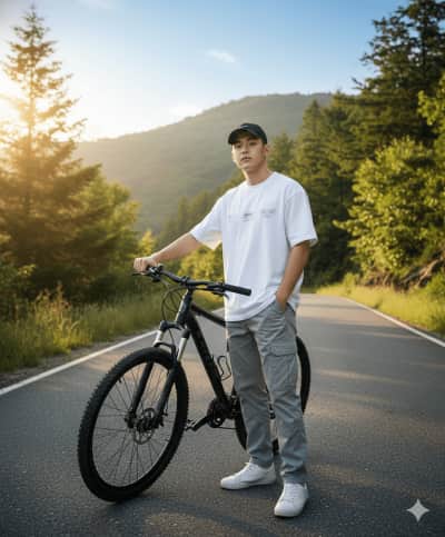 Biker on mountain road
