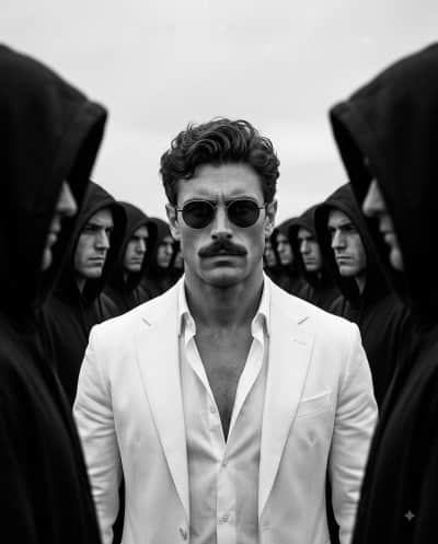 White Suit Man in Hooded Crowd