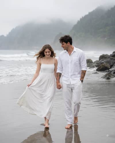Romantic Couple Walking on Beach