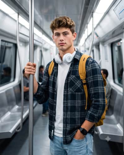 Young Man Commuting on a Modern Subway Train