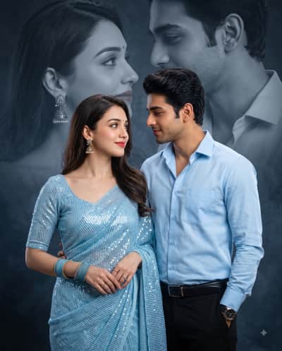 Elegant Couple in Blue Outfit – Double Exposure Portrait