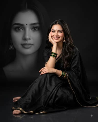 Black Saree Portrait with Monochrome Face Overlay