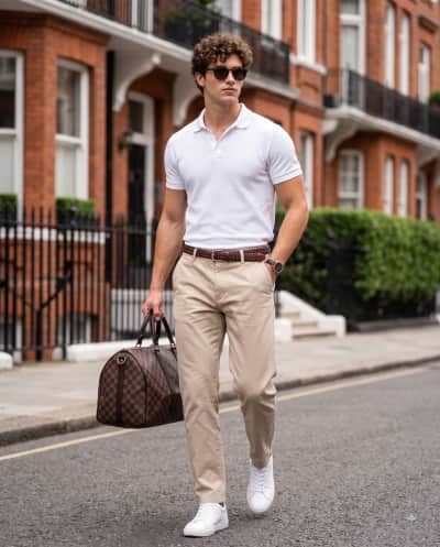 Off-Duty Model Look – White Polo, Chinos, Duffel Bag