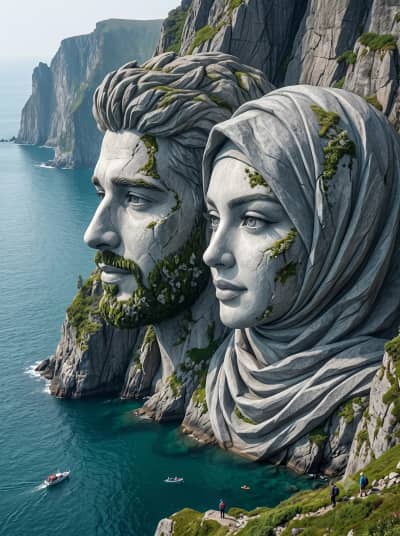 Cliffside Couple Sculpture AI Prompt