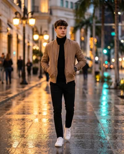 Stylish Man Walking on City Night