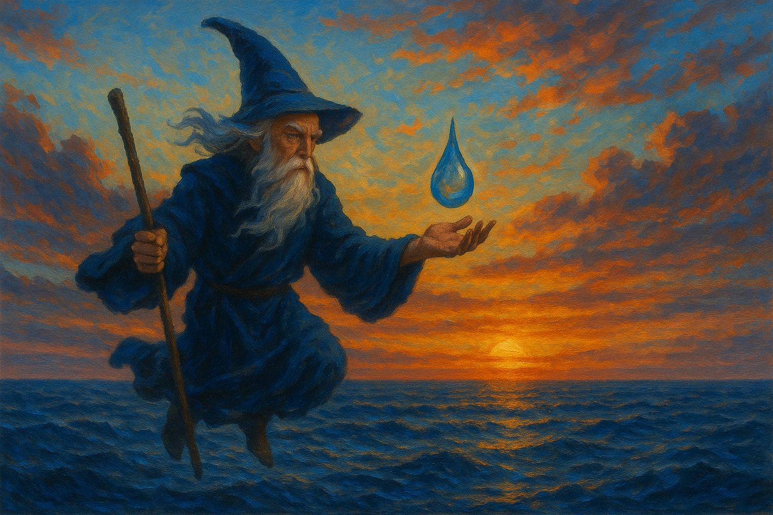 A wizard conjuring a droplet to lower in an ocean.