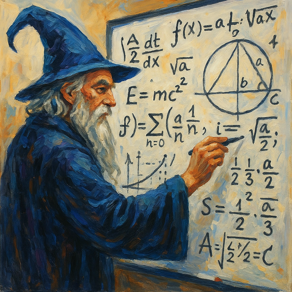 A wizard draws math equations on a whiteboard.