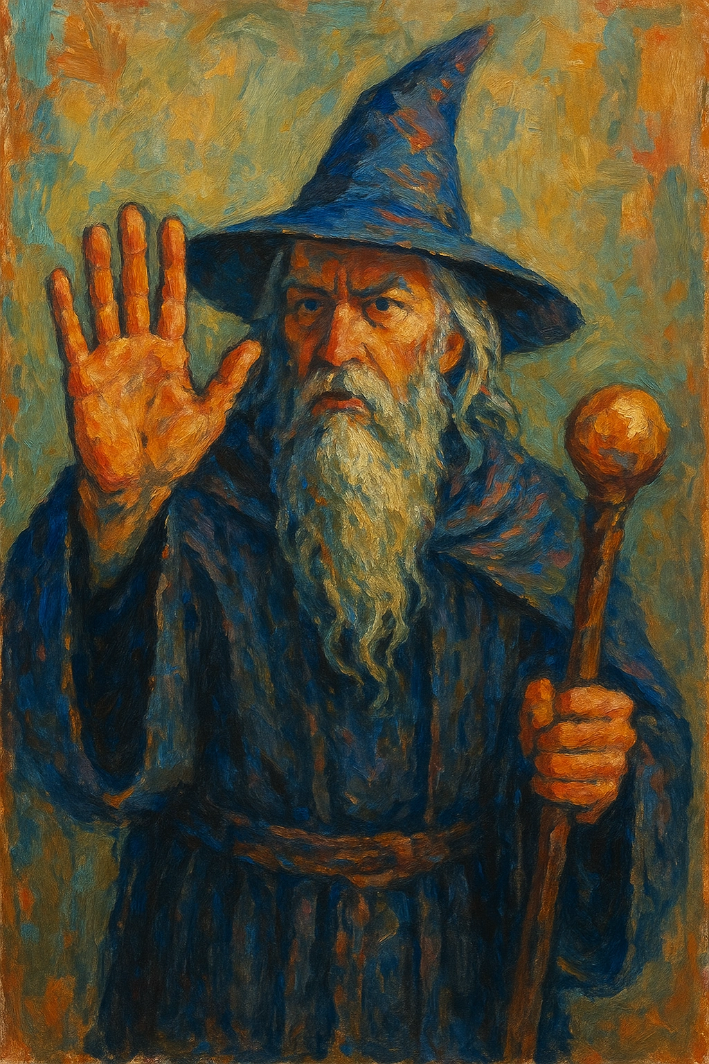 A wizard holds up a hand to tell people to wait.