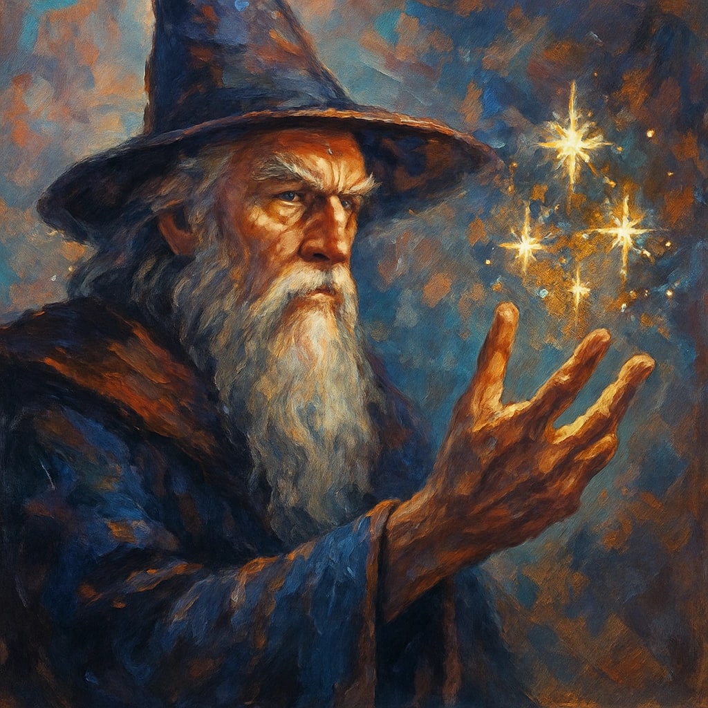 A wizard holds out his hand in a gesture conjuring magic.