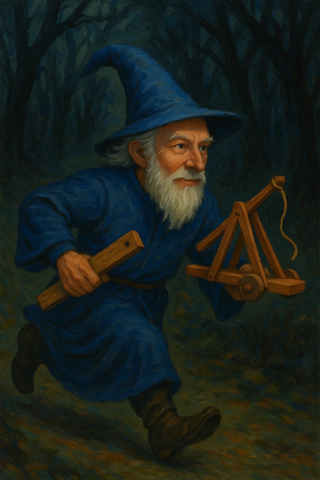 A wizard running through a forest assembling a toy trebuchet.