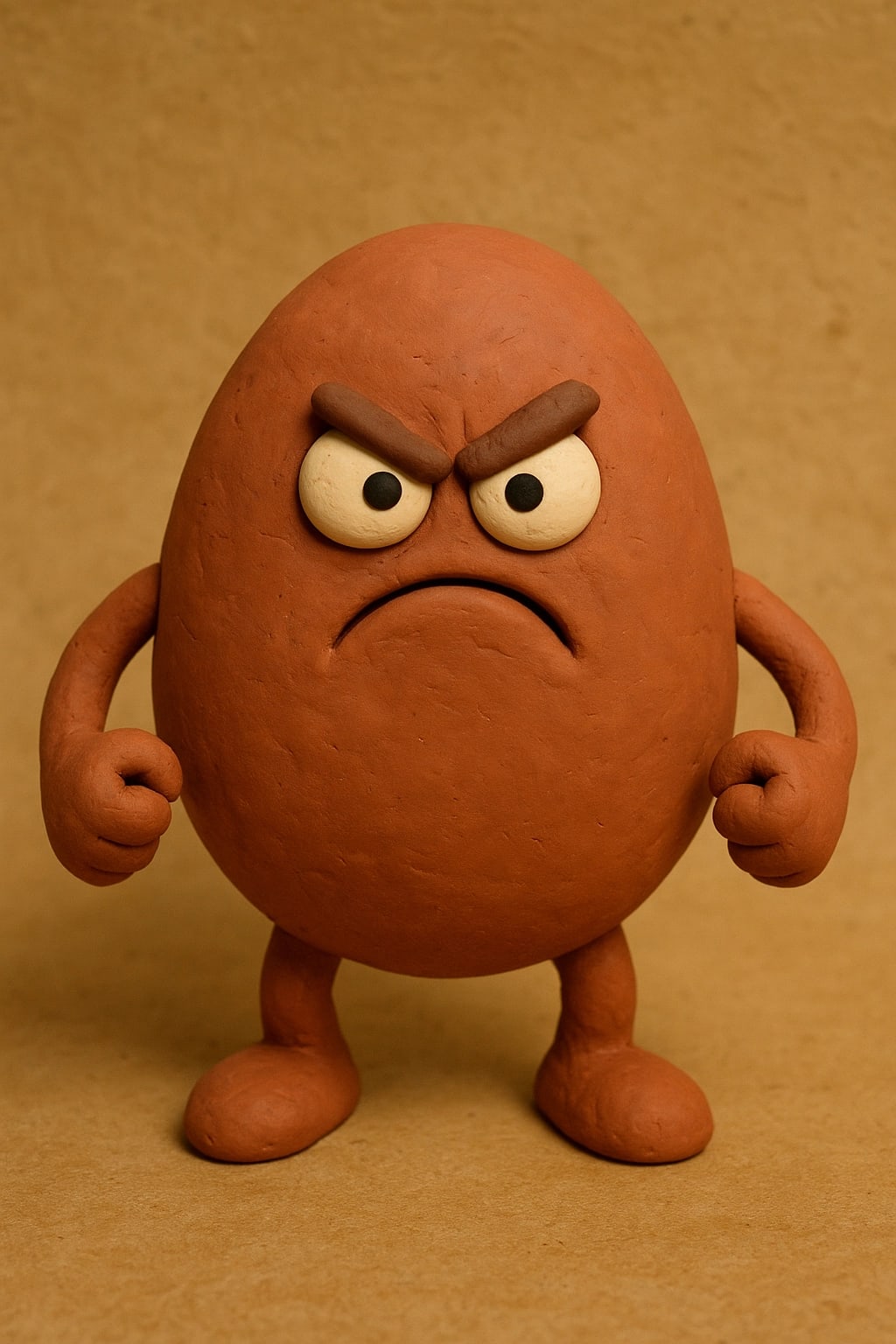 A angry claymation character in the shape of an oval.