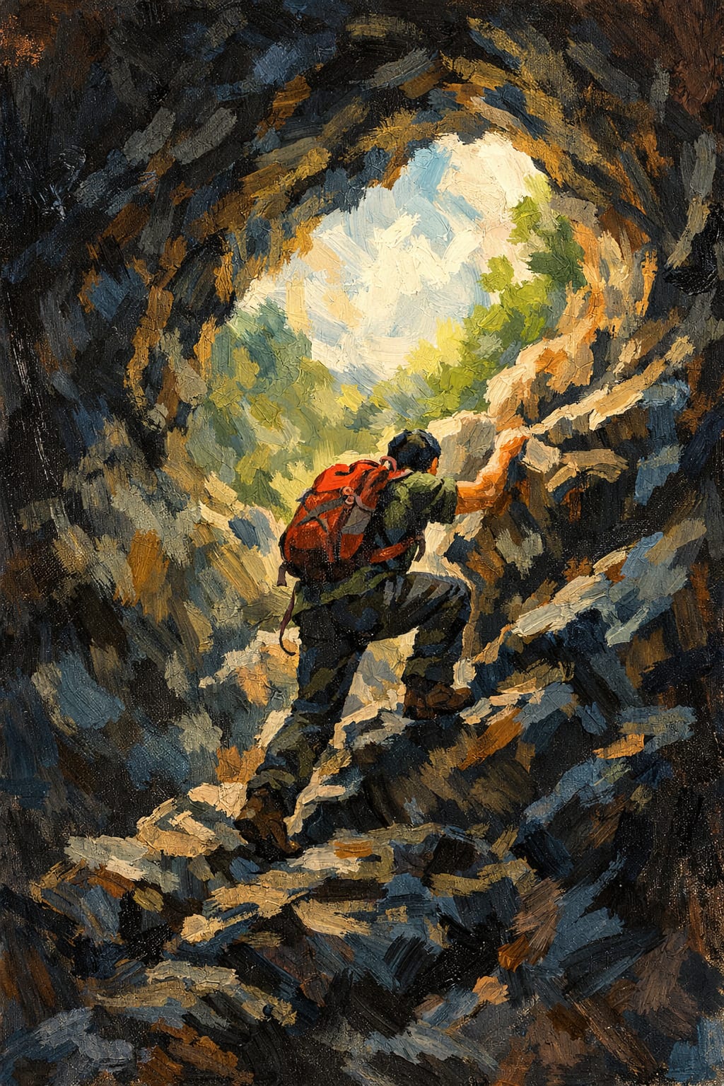A man climbs out of a cave and towards the light.