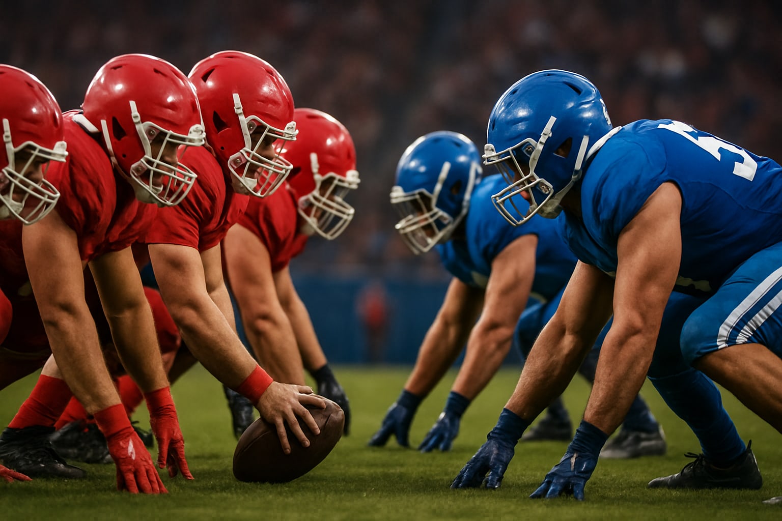 In a football match two teams line up for the snap.