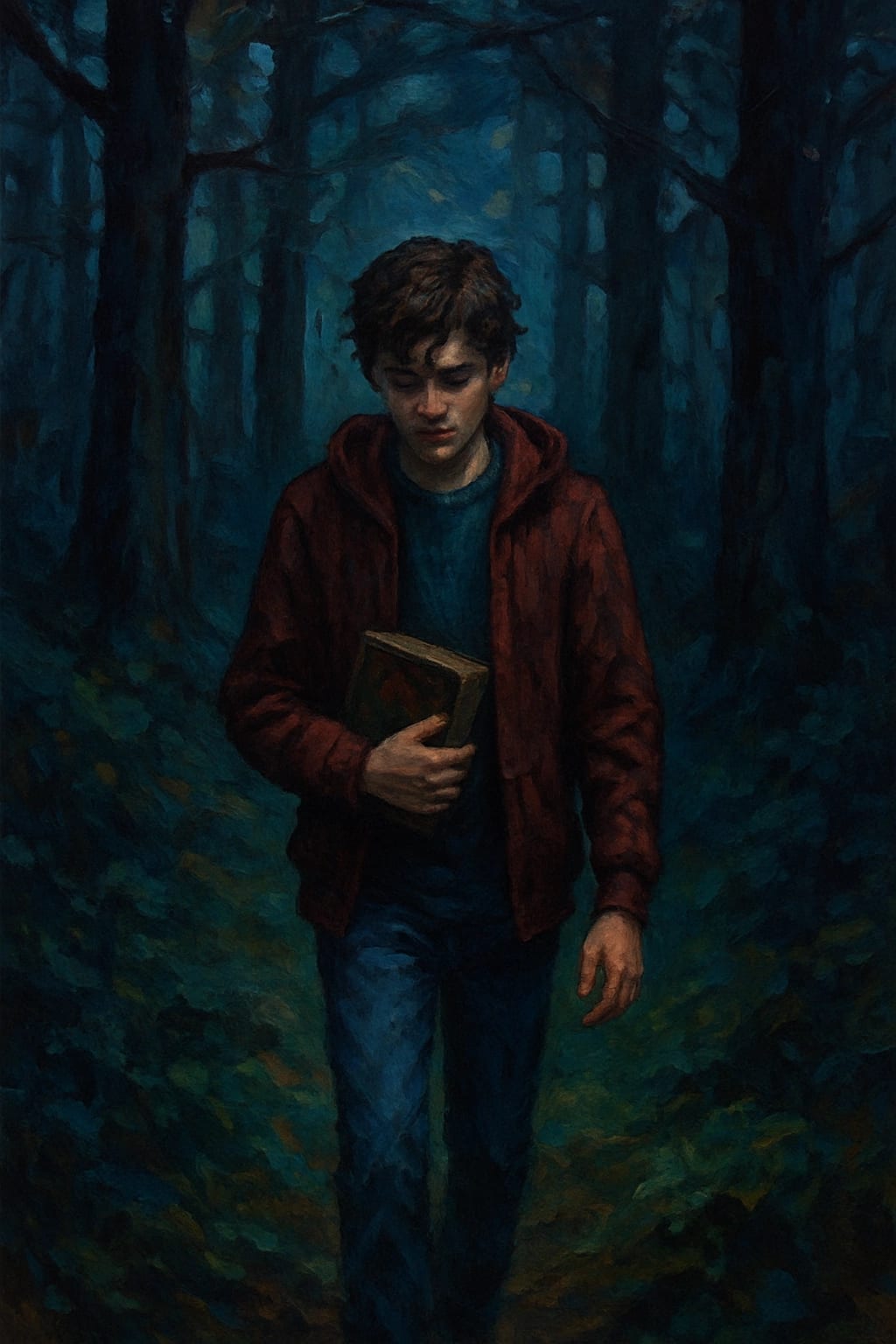 A boy walking through a dark forest with a book in hand.