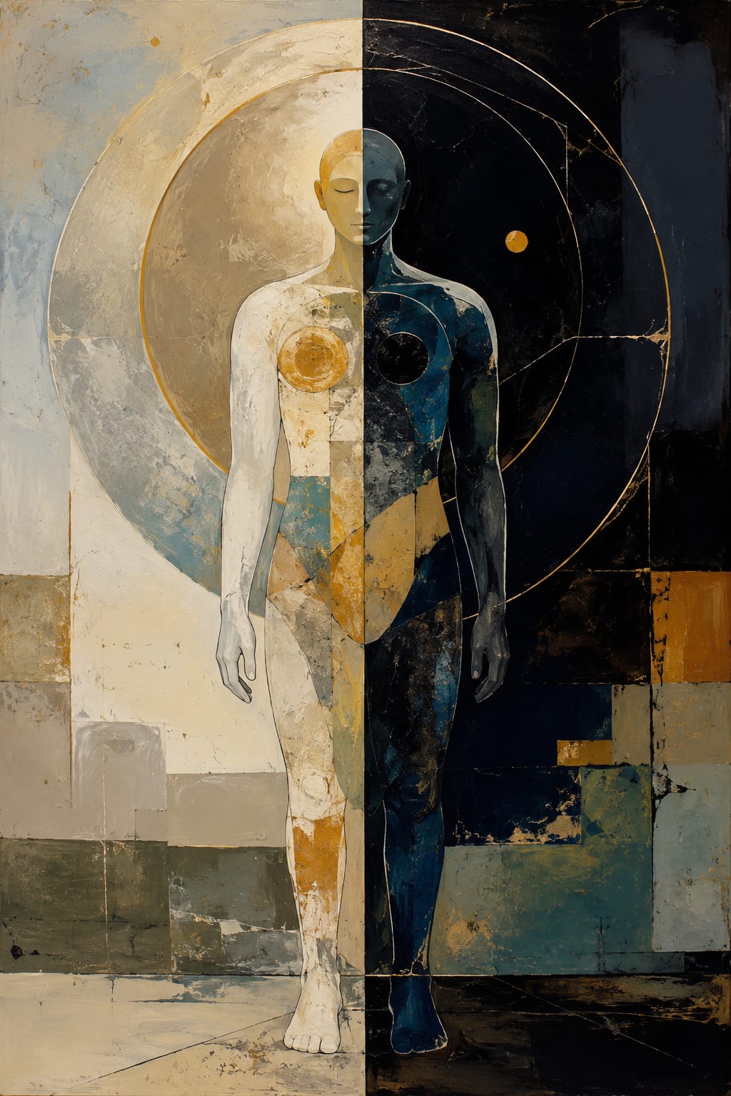 An abstract painting of a full human figure standing upright at the center of the composition, divided vertically into light and dark halves. The left side is painted in soft creams, pale blues, and warm golds, while the right side is deep navy, black, and muted teal. Circular shapes and thin golden arcs radiate behind the figure like a halo, suggesting balance and unity. Textured geometric blocks and weathered brushstrokes fill the background, blending symmetry with imperfection. The figure’s calm, closed-eyed expression and integrated light-and-shadow design evoke wholeness, self-acceptance, and inner harmony.