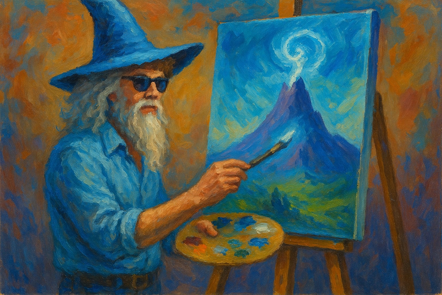 A wizard paints a magical mountain.