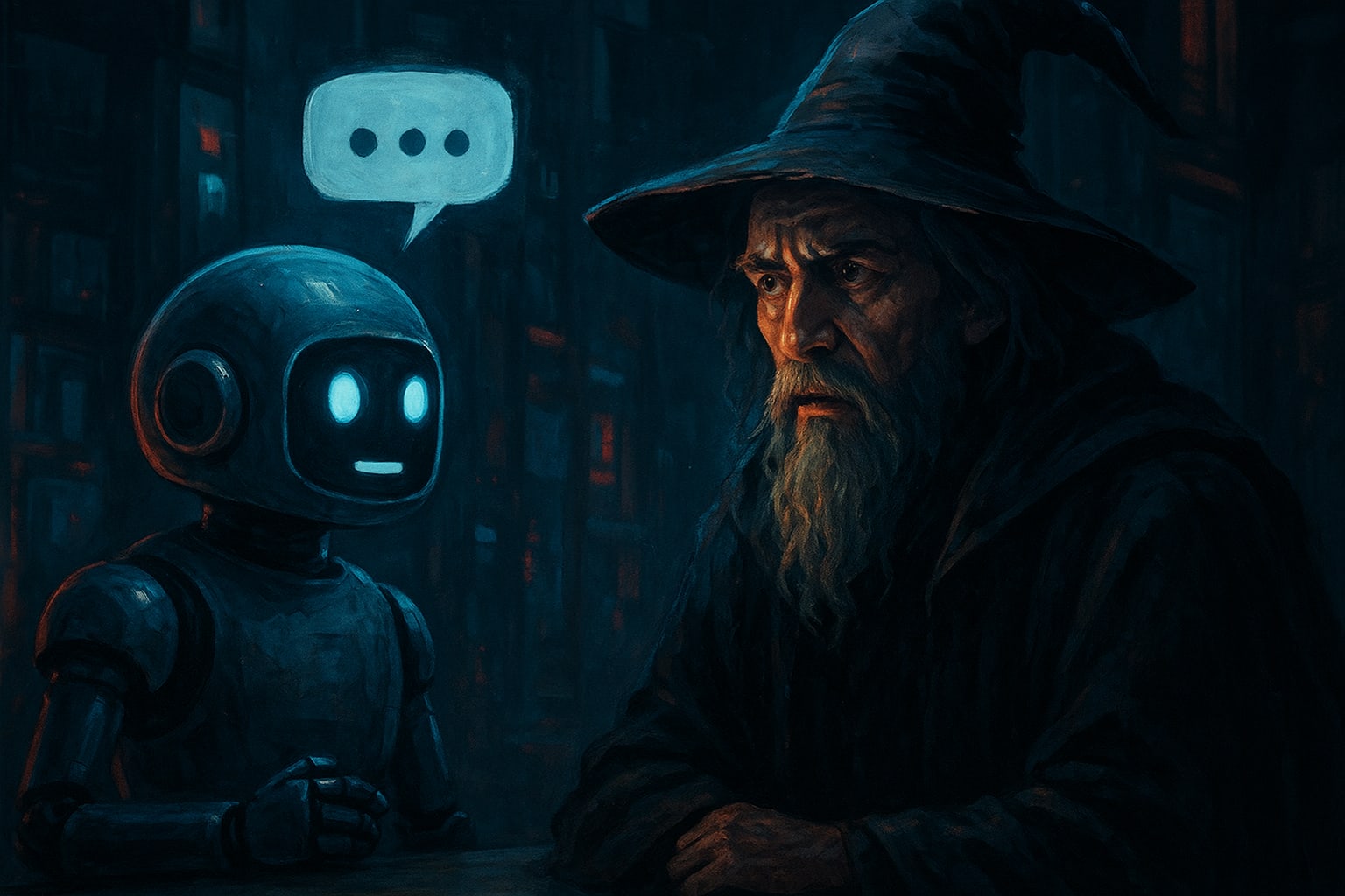 A wizard and a robot chat in a neo-noir setting. There is a chat bubble above the robot's head.